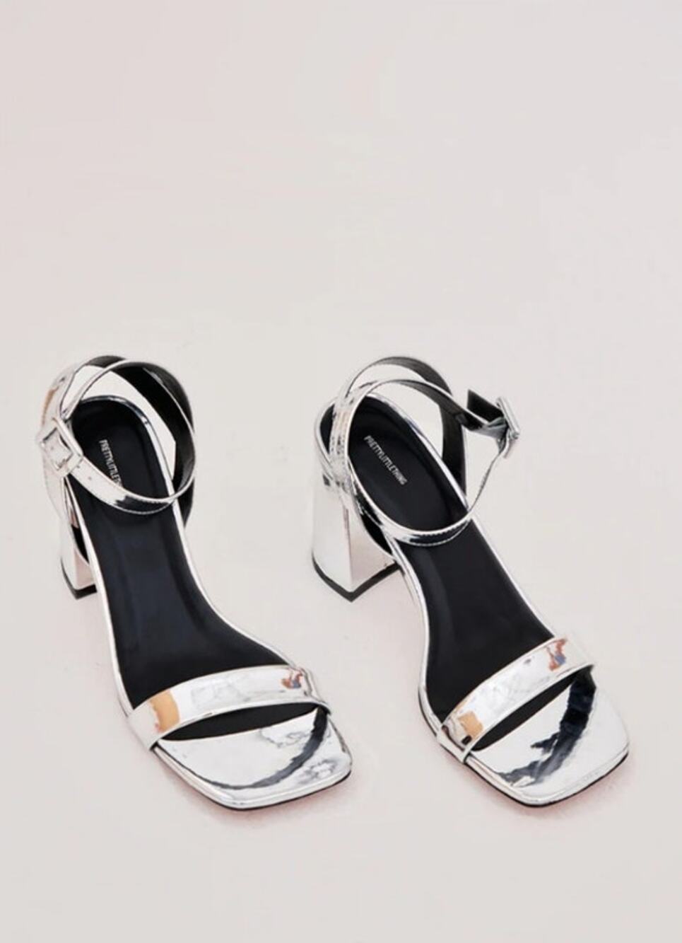 PrettyLittleThing Silver Metallic Ankle Strap Square Toe Block Heels Size 4